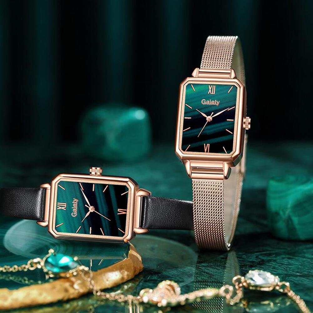 Women Watches Fashion Square Bracelet Set Green Dial Simple Rose Gold Mesh Luxury Women Watches