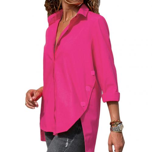 Women Long Sleeve Shirts Turn Down Collar Side Slit Hem Buttoned