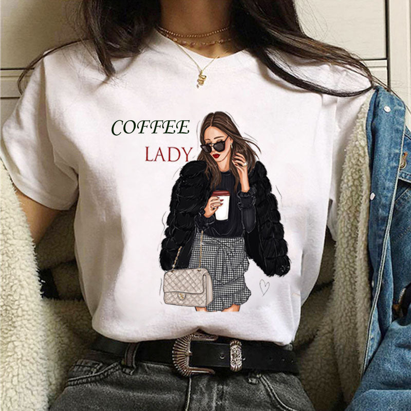 Coffee Girl Casual Women's T-shirt Top Round Neck Short Sleeve