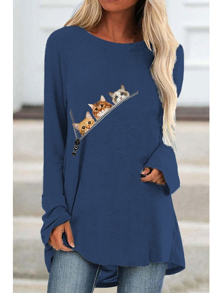 Women Fashion Long Sleeved Cute Cats Printed T-shirt