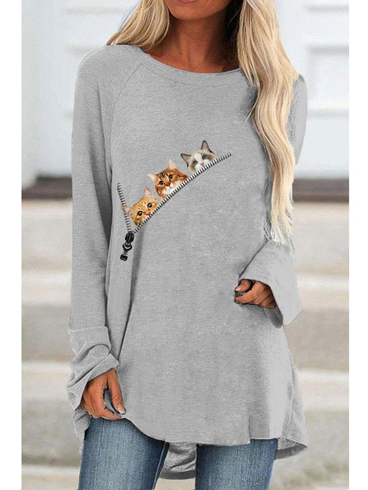 Women Fashion Long Sleeved Cute Cats Printed T-shirt