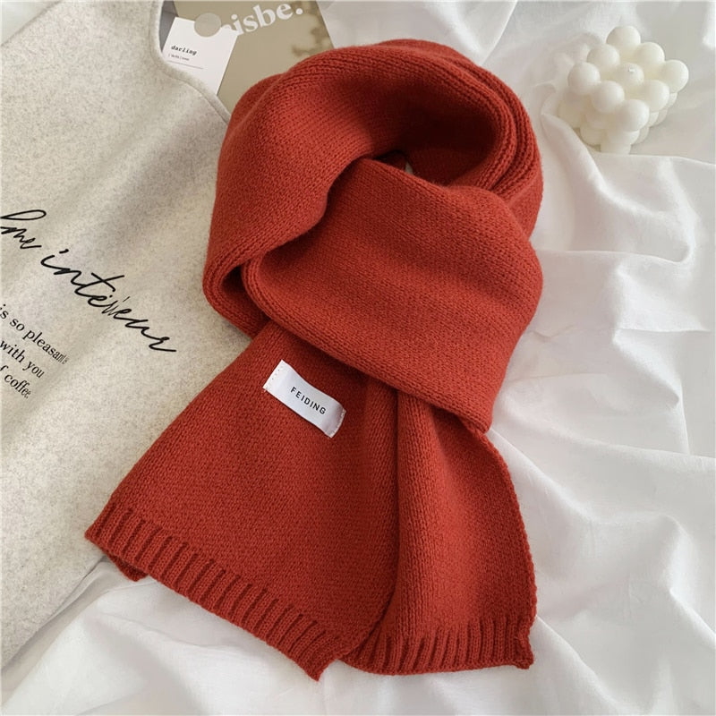 Women Autumn Winter Solid Color Scarves Slim Neckerchief Soft Brown White Warm Knitted Woolen Ins Neck Pashmina Shawl