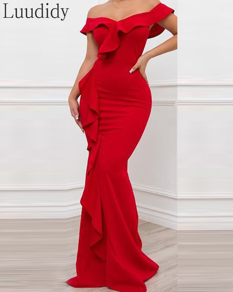 Women Red Off Shoulder Ruffles Skinny Mermaid Dress