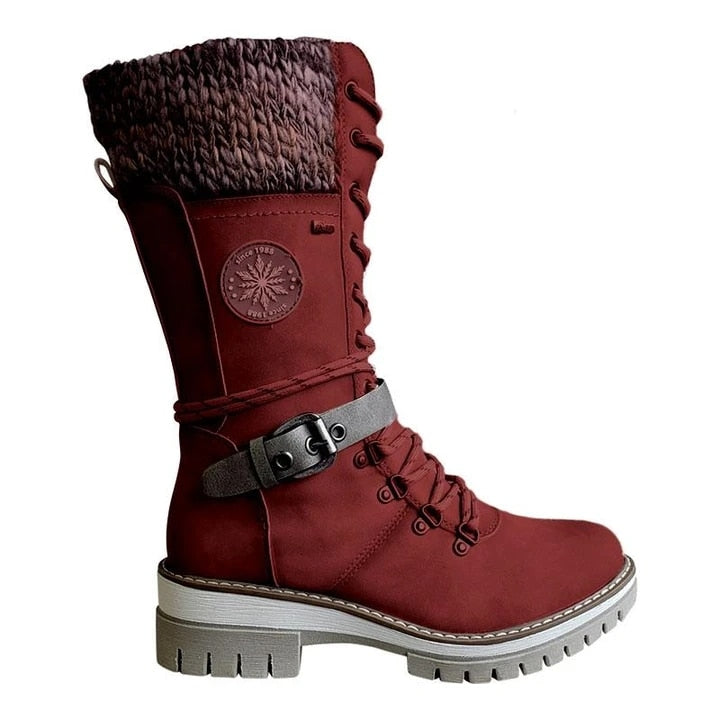 Women Winter Buckle Lace Knitted Mid-Calf Boots Low Heel Round Toe Boots