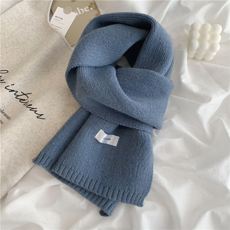 Women Autumn Winter Solid Color Scarves Slim Neckerchief Soft Brown White Warm Knitted Woolen Ins Neck Pashmina Shawl