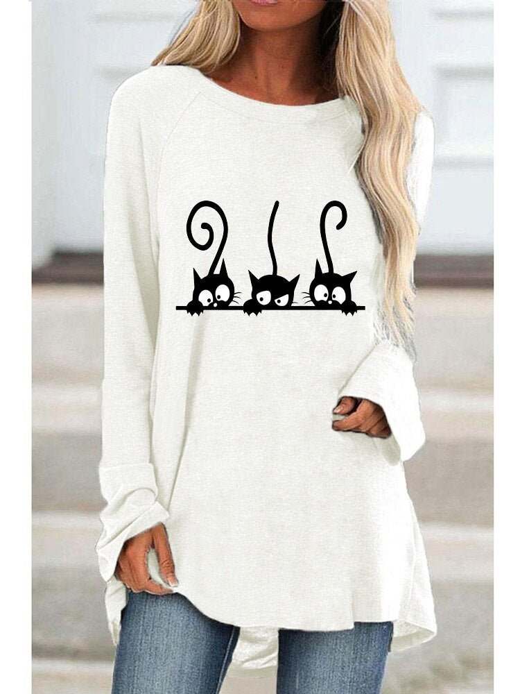 Women Casual Black Cat Print Loose Ladies Graphic T-shirt