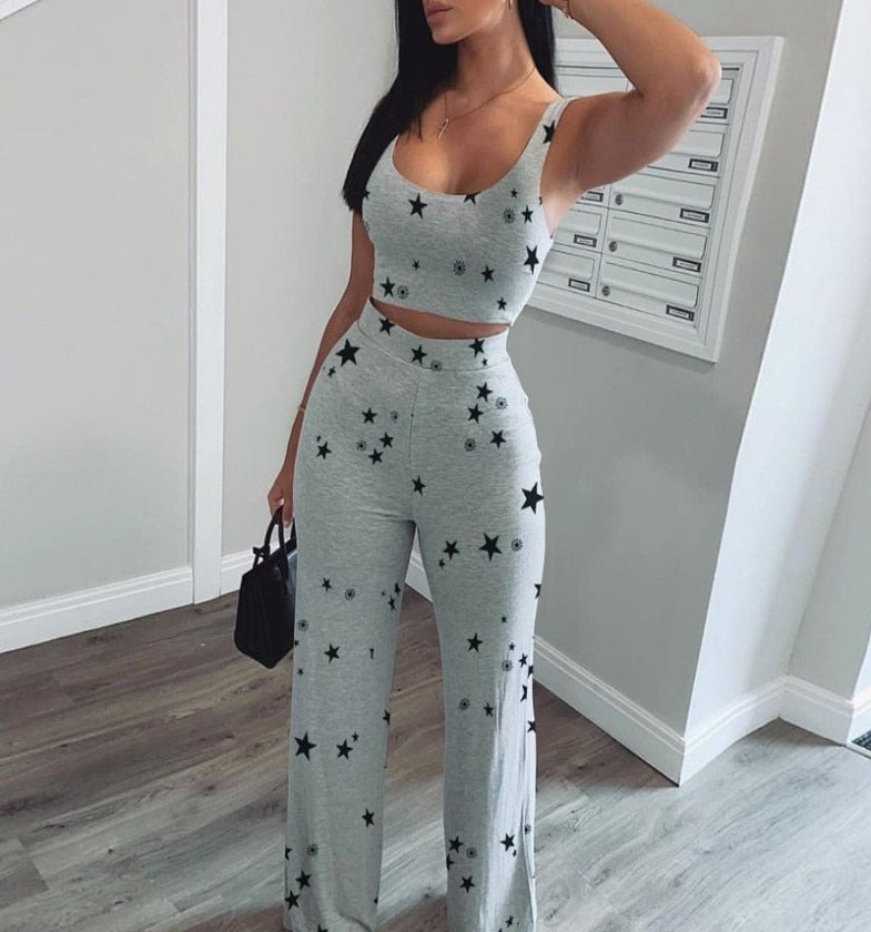 Women Two Piece Pants Set Tank Crop Top+ Straight Pants Matching Sets