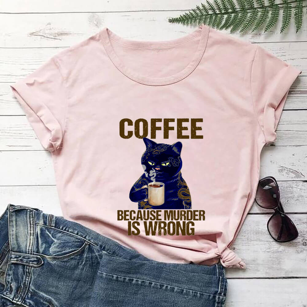 Women's Coffee Cat Printed 100%Cotton's T-shirts