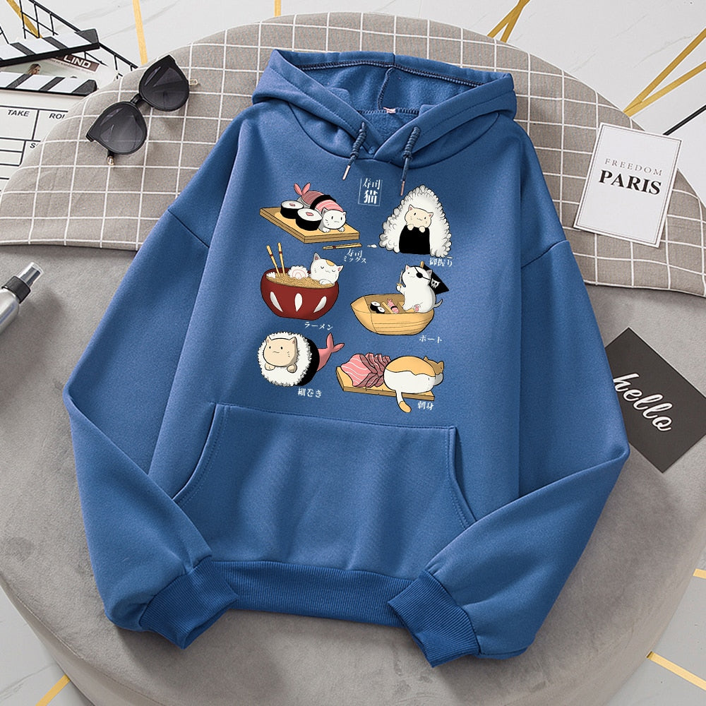 Womens Sushi Cat's Day Print Hoodies New Loose Fleece Hoodie Sweatshirt Casual