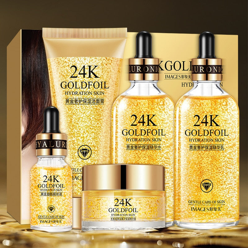 24K Gold Skin Care Set 5 PCS With Box Face Toner Essence Cream Nicotinamide Anti-Aging Serum Facial Cleanser Kit for Women