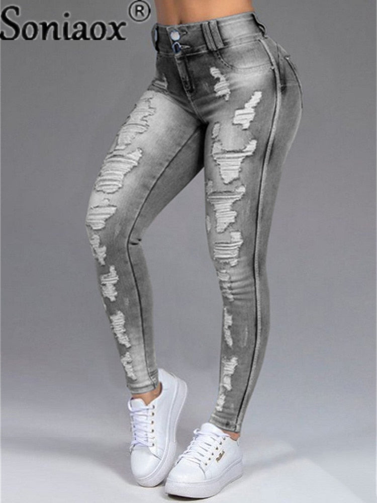 Women High Stretch Skinny Ripped Jeans Vintage Hole Distressed Trousers