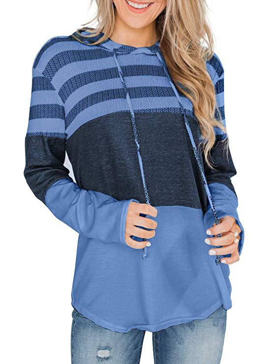 Women Hooded Casual Soft Long Sleeve Striped T-shirt