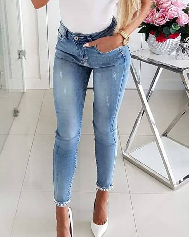 Women High Waist Stretch Jeans Cute Bow Fashion Skinny Denim Pants Elegant Simple