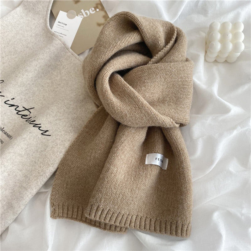 Women Autumn Winter Solid Color Scarves Slim Neckerchief Soft Brown White Warm Knitted Woolen Ins Neck Pashmina Shawl