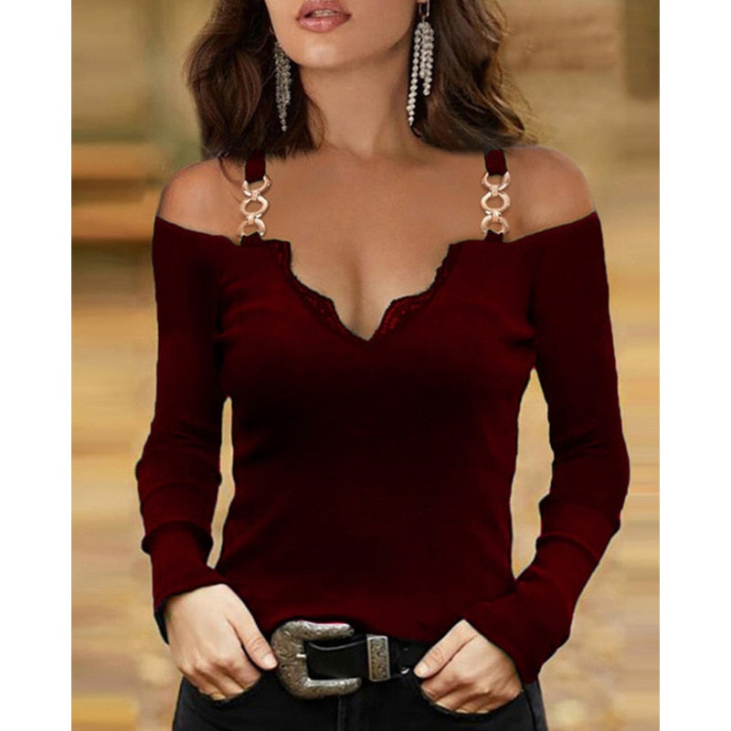 Women Off Shoulder Chain Long Sleeve T-shirts