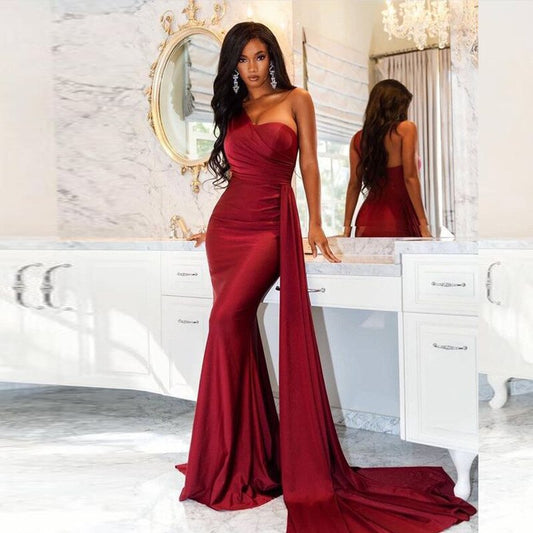 Women Formal Evening Burgundy Draped Long Dress