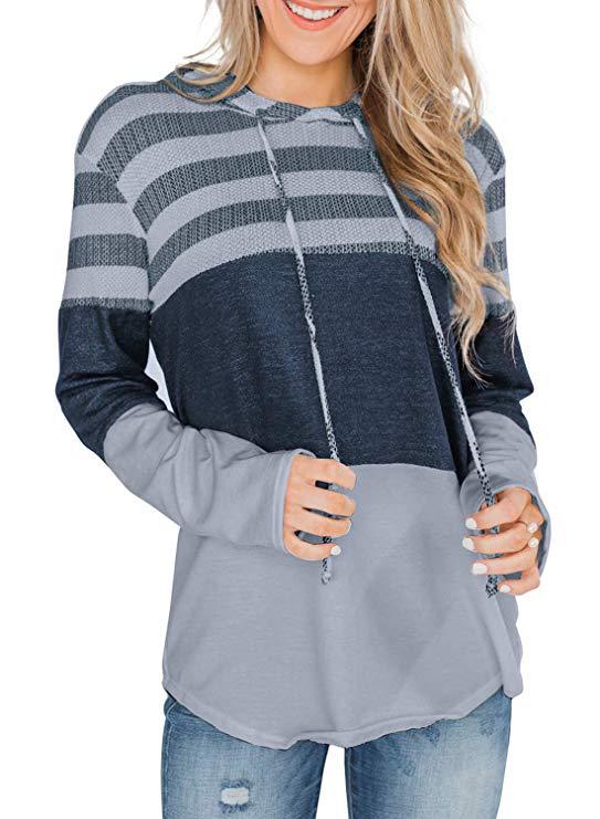 Women Hooded Casual Soft Long Sleeve Striped T-shirt