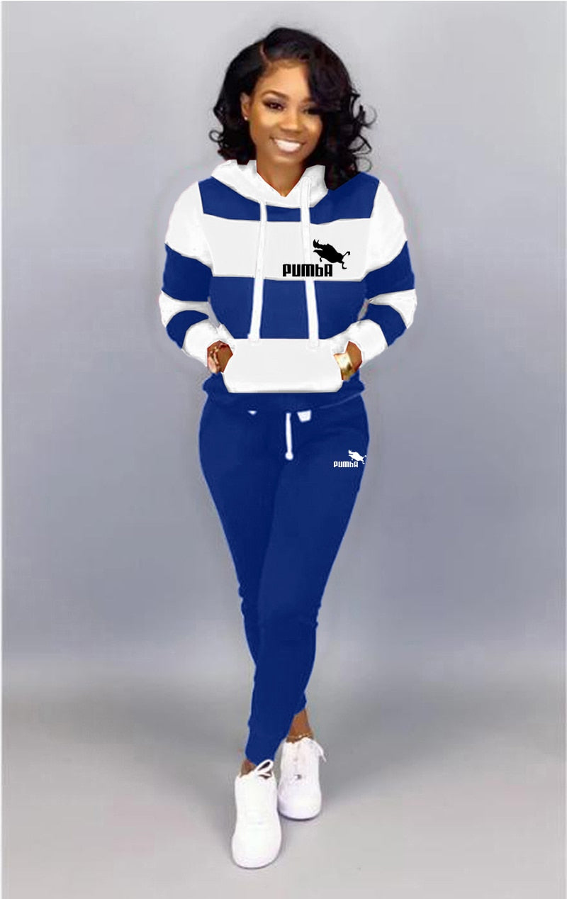 Women Winter Tracksuit 2 Piece Set Sweatshirt Print Hoodies-Pants Sportwear