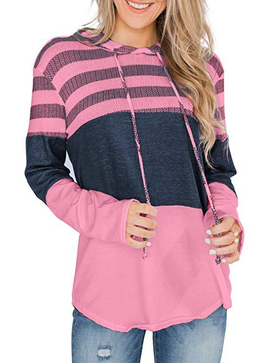 Women Hooded Casual Soft Long Sleeve Striped T-shirt