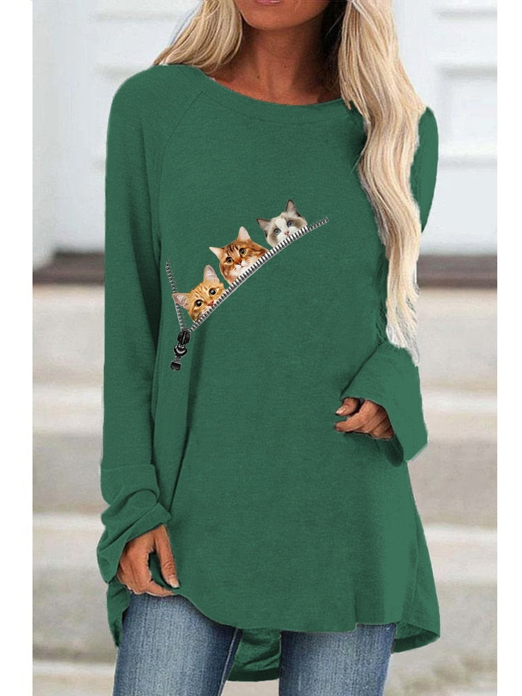 Women Fashion Long Sleeved Cute Cats Printed T-shirt