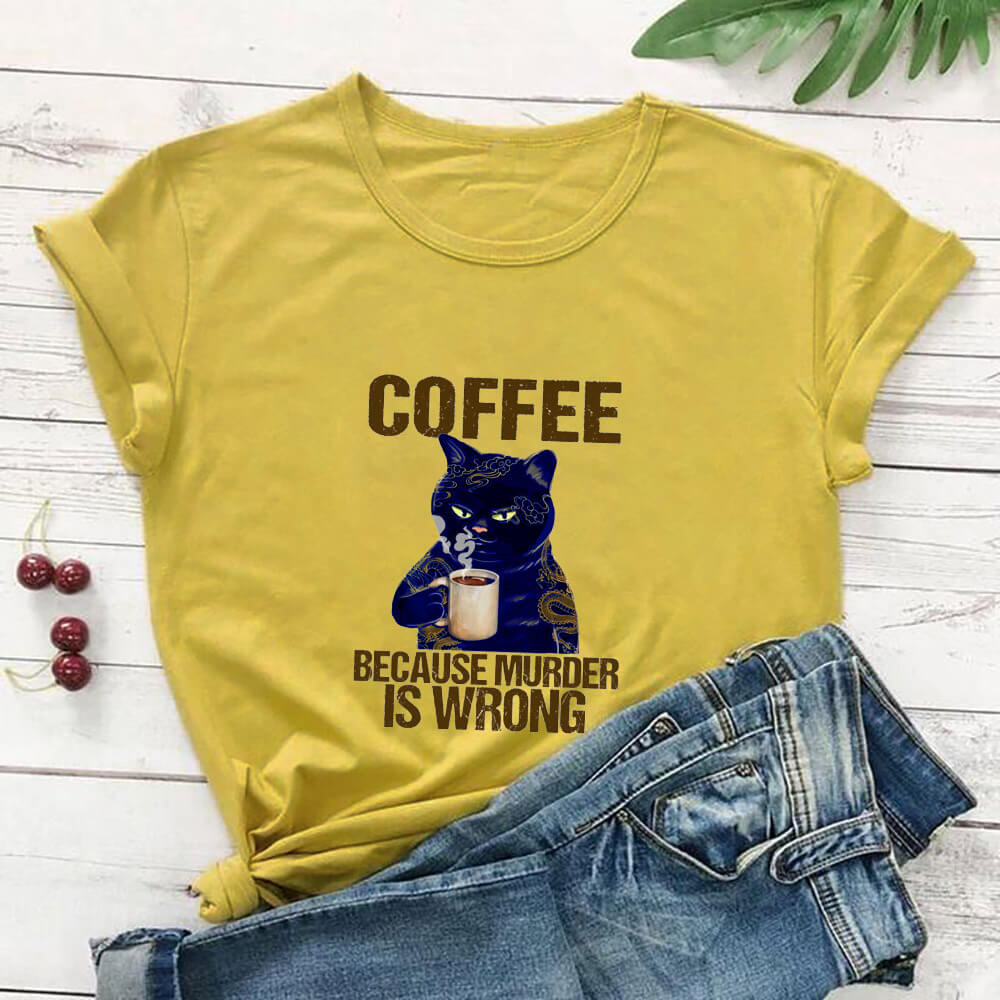 Women's Coffee Cat Printed 100%Cotton's T-shirts