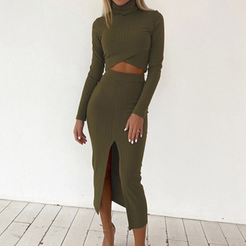 Women Turtlenecks Crop Tops Side Split Package Skirt Sets