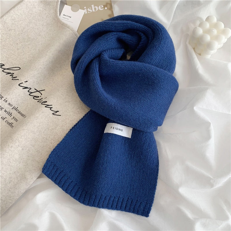 Women Autumn Winter Solid Color Scarves Slim Neckerchief Soft Brown White Warm Knitted Woolen Ins Neck Pashmina Shawl