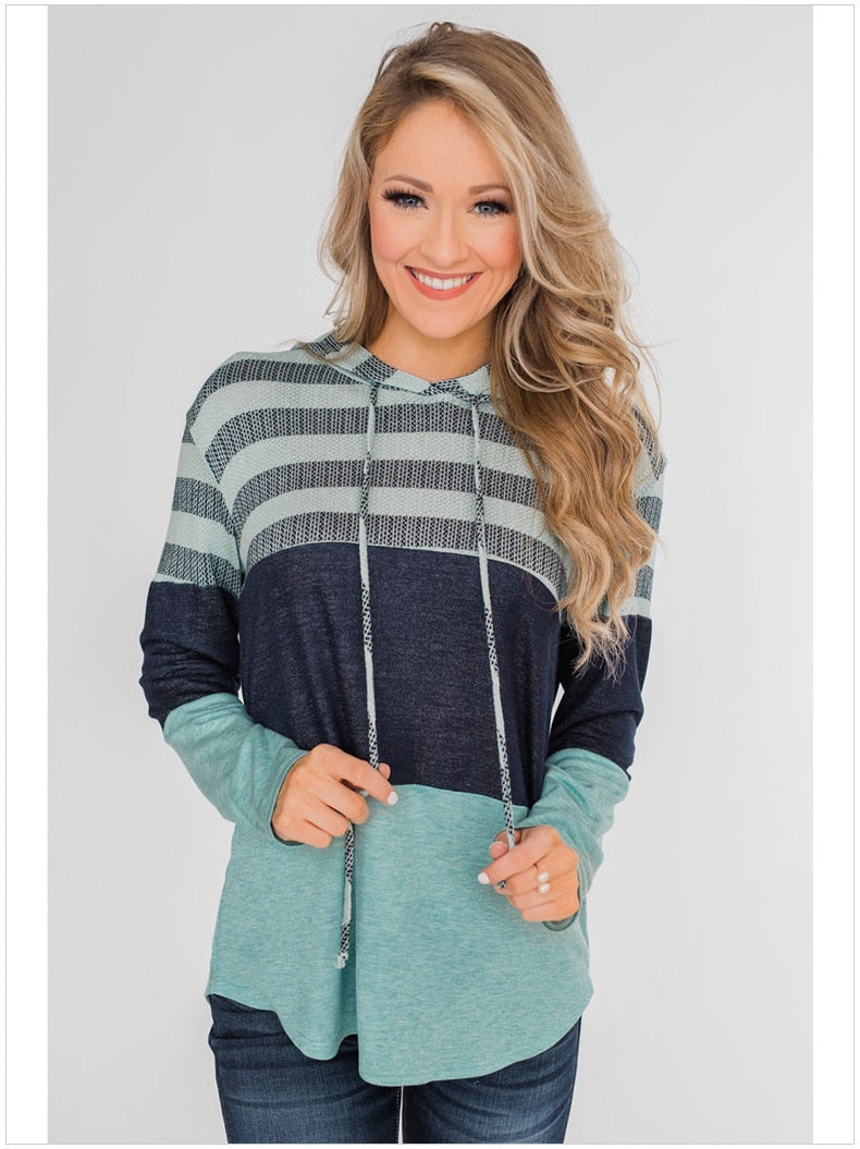 Women Hooded Casual Soft Long Sleeve Striped T-shirt