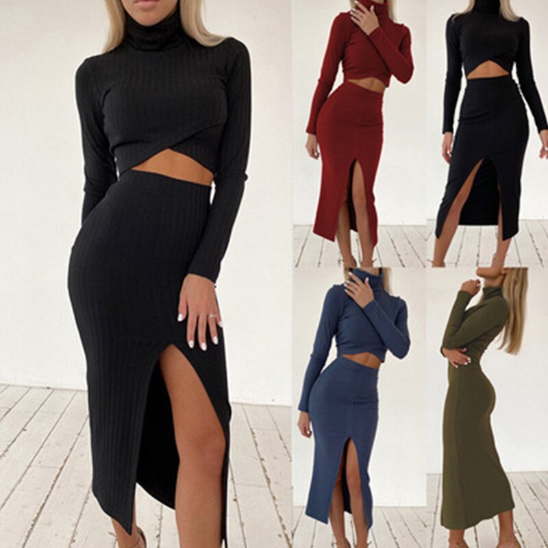 Women Turtlenecks Crop Tops Side Split Package Skirt Sets