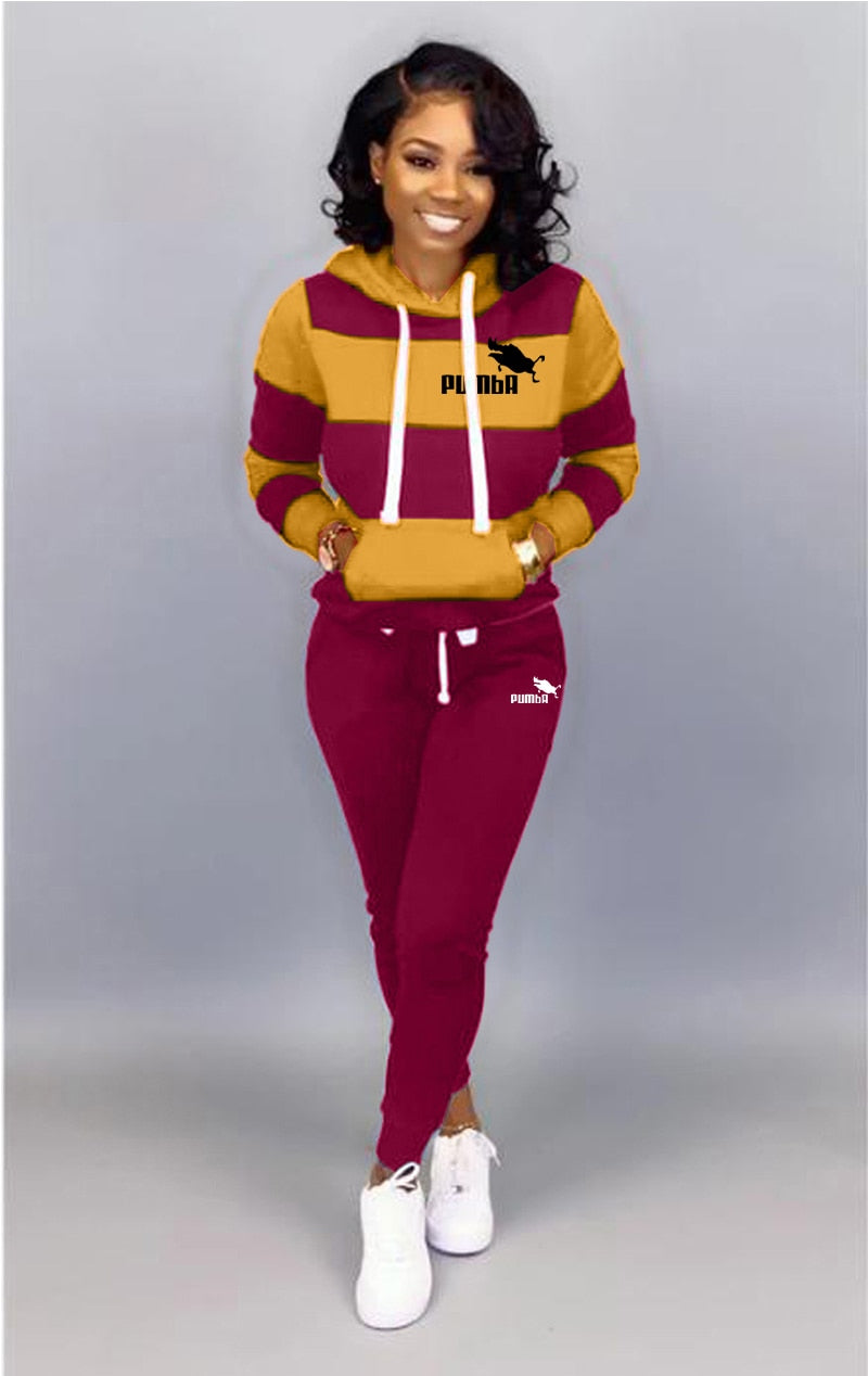 Women Winter Tracksuit 2 Piece Set Sweatshirt Print Hoodies-Pants Sportwear