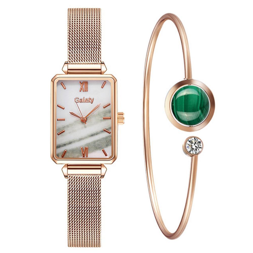 Women Watches Fashion Square Bracelet Set Green Dial Simple Rose Gold Mesh Luxury Women Watches