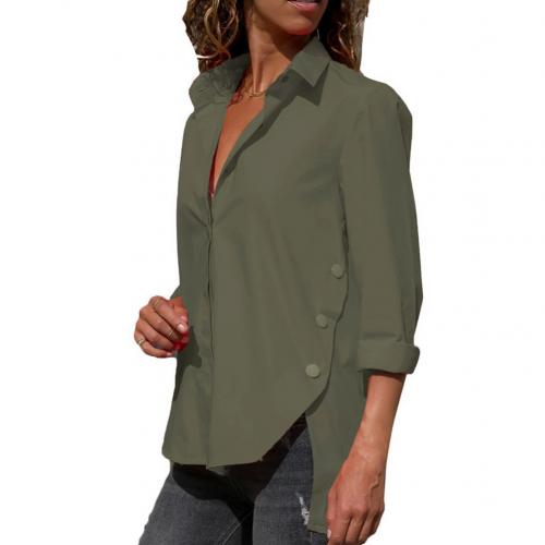 Women Long Sleeve Shirts Turn Down Collar Side Slit Hem Buttoned