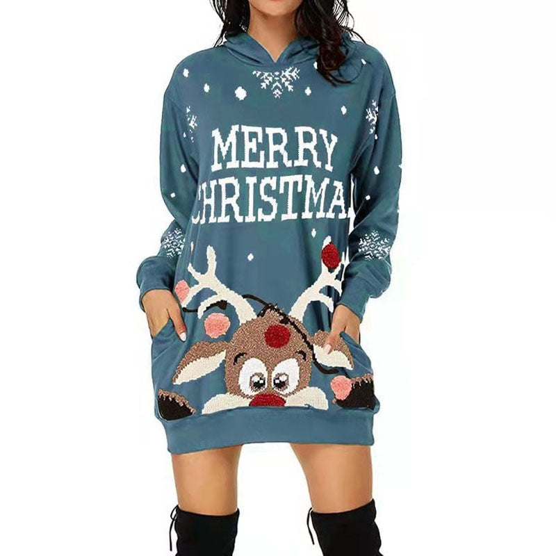 Women Christmas Warm Long Sleeve Elf Printed Hoodie Sweatshirts