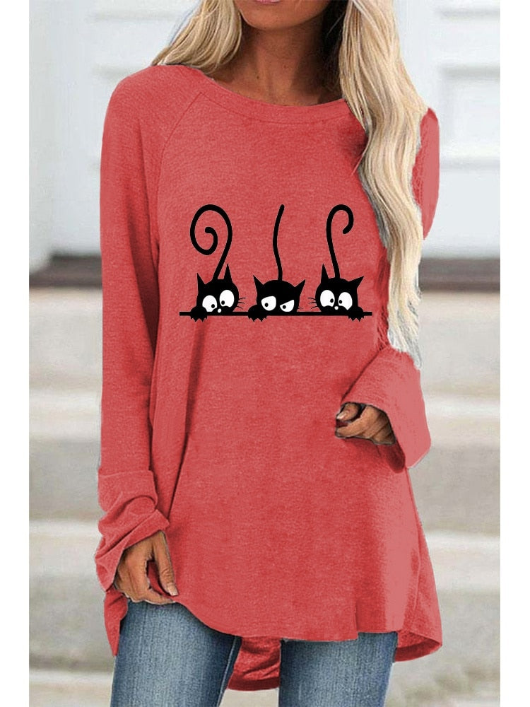 Women Casual Black Cat Print Loose Ladies Graphic T-shirt