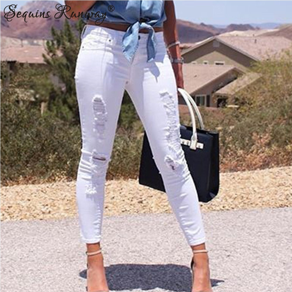 Women High Waist Ripped Pencil Pants Vintage Jeans