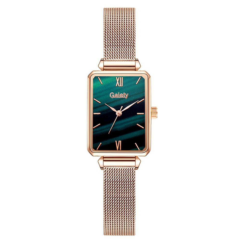 Women Watches Fashion Square Bracelet Set Green Dial Simple Rose Gold Mesh Luxury Women Watches