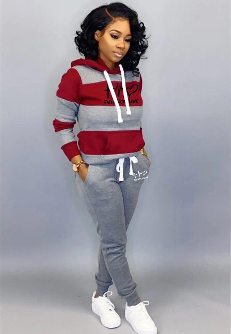 Women Winter Tracksuit 2 Piece Set Sweatshirt Print Hoodies-Pants Sportwear