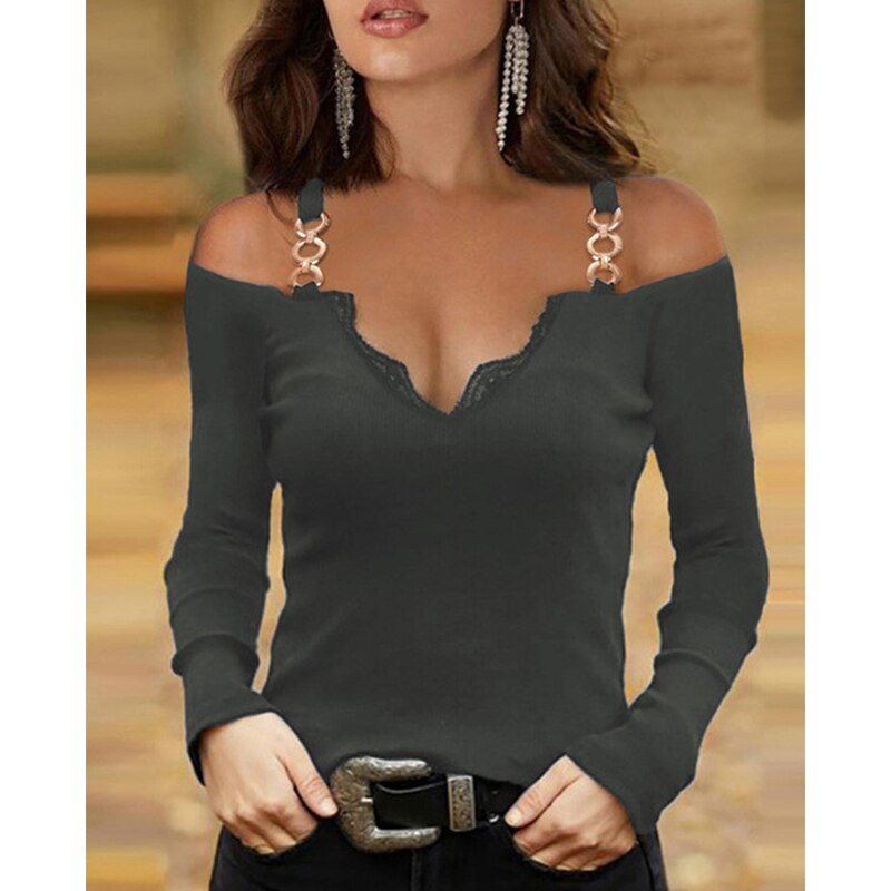 Women Off Shoulder Chain Long Sleeve T-shirts