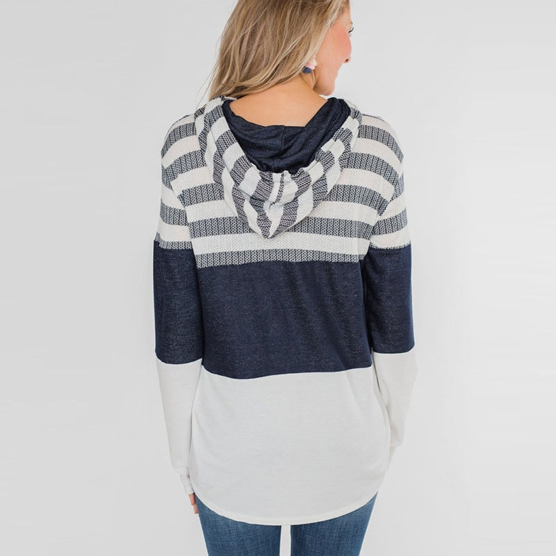 Women Hooded Casual Soft Long Sleeve Striped T-shirt