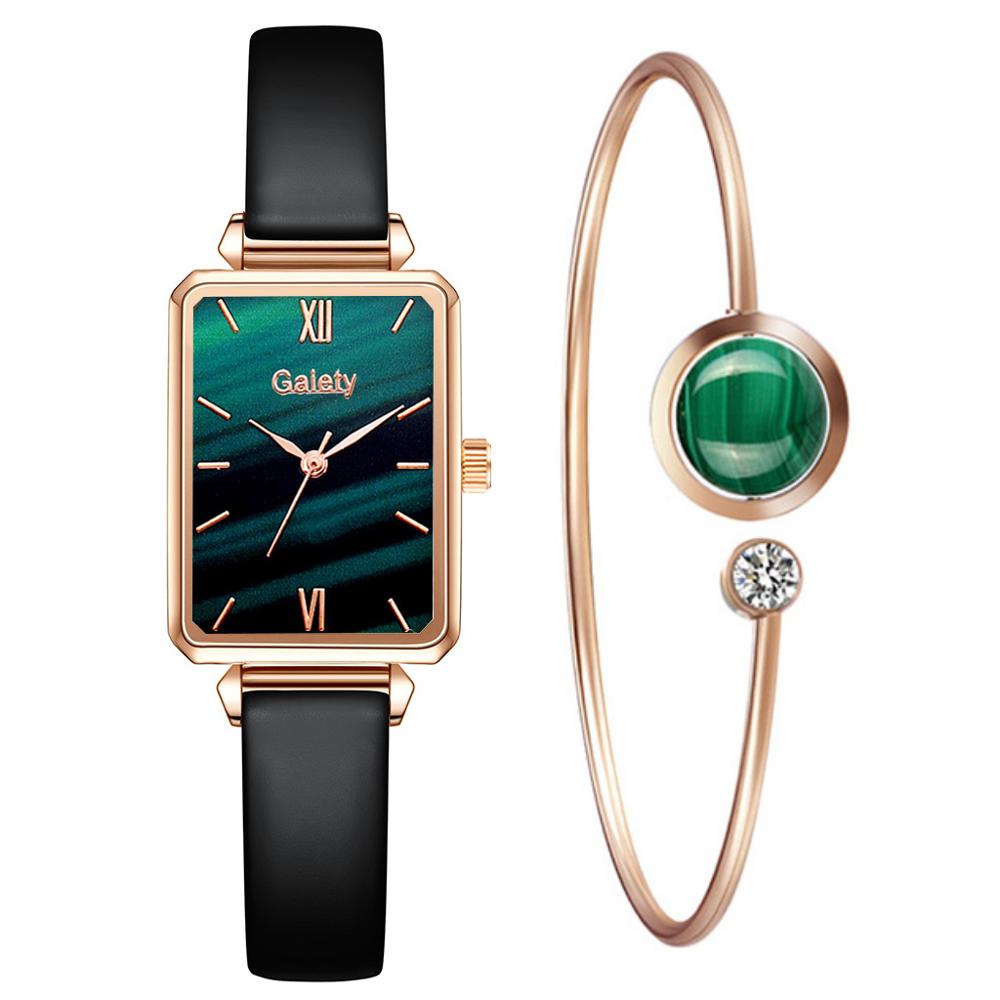 Women Watches Fashion Square Bracelet Set Green Dial Simple Rose Gold Mesh Luxury Women Watches