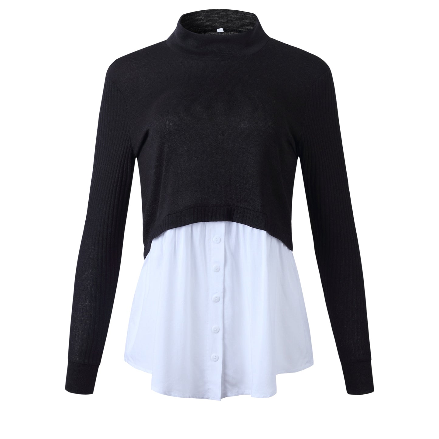 Women Winter Black Knitted Turtleneck Patchwork Long Sleeve Sweater