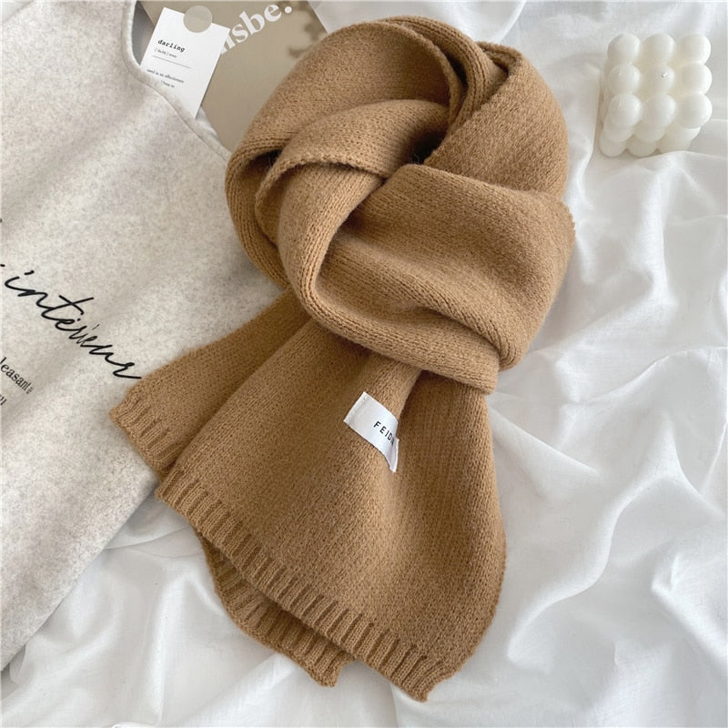 Women Autumn Winter Solid Color Scarves Slim Neckerchief Soft Brown White Warm Knitted Woolen Ins Neck Pashmina Shawl