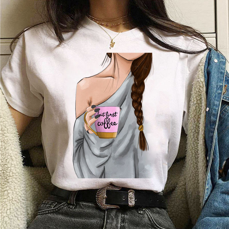 Coffee Girl Casual Women's T-shirt Top Round Neck Short Sleeve