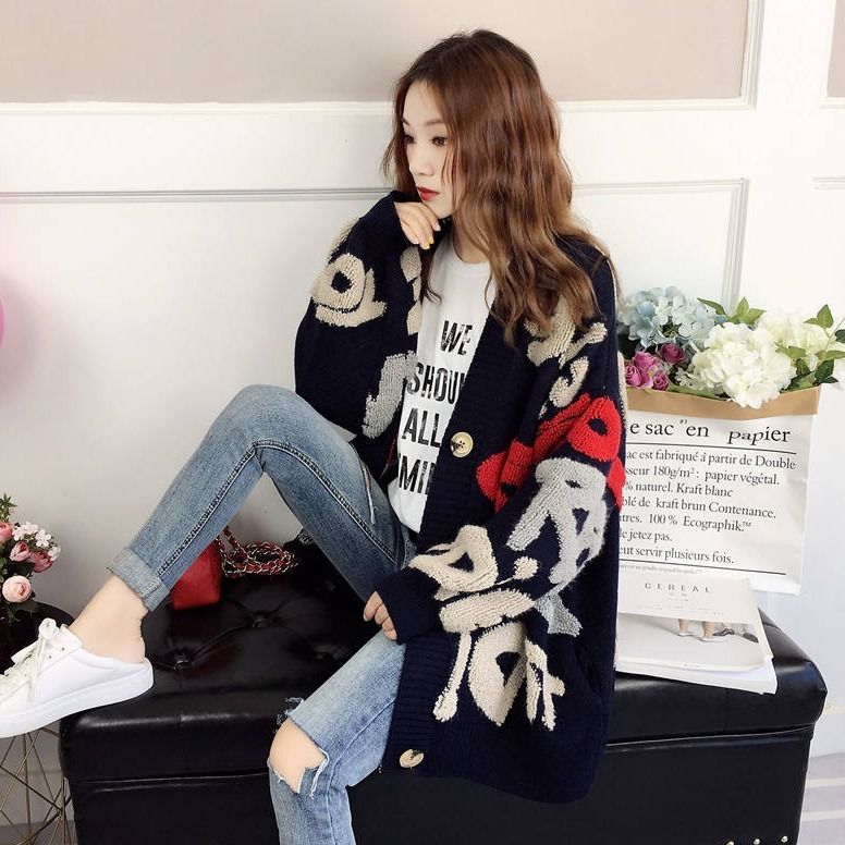 Women Casual Sweater Cardigan Winter Loose knitted Medium Length Coat