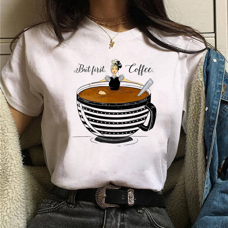 Fashion Women T Shirt Coffee Time Female Casual Tops Tee 90s