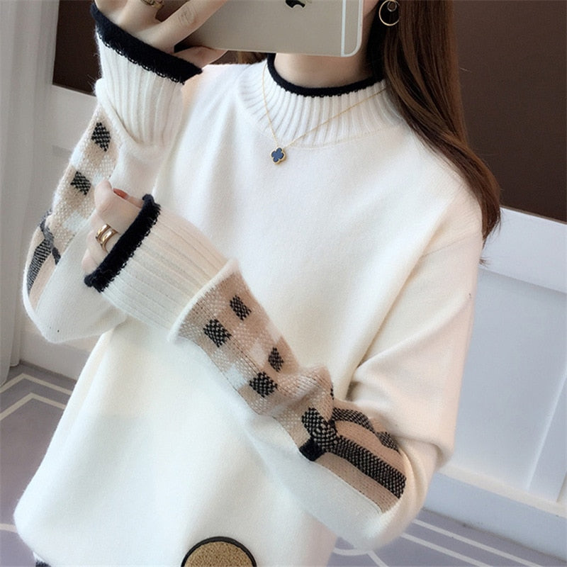 Women New Winter Knitted Patch Cartoon Base Pullover Long-sleeved Sweater