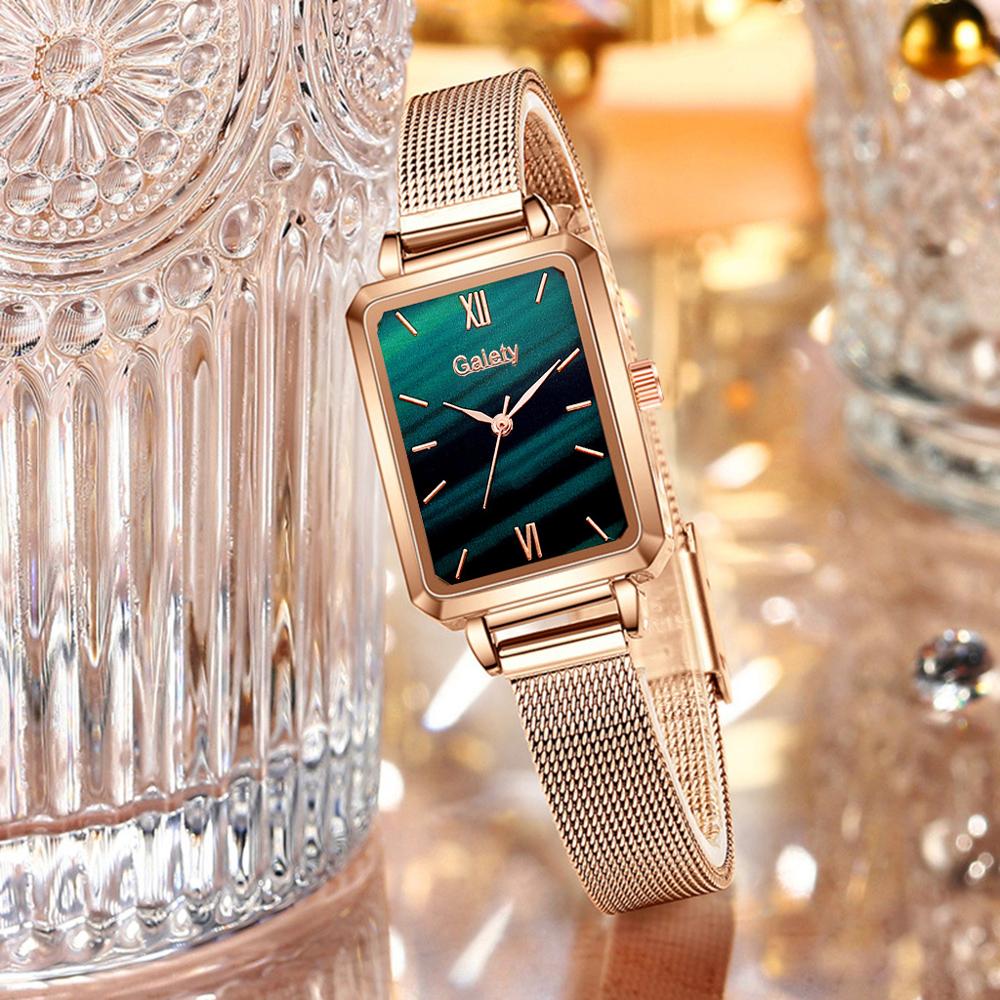 Women Watches Fashion Square Bracelet Set Green Dial Simple Rose Gold Mesh Luxury Women Watches