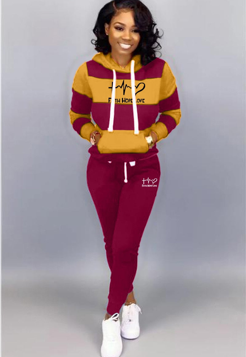 Women Winter Tracksuit 2 Piece Set Sweatshirt Print Hoodies-Pants Sportwear