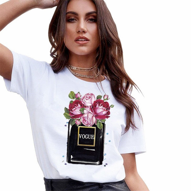 Women New Graphic Perfume Flower Vase White Short Sleeve T Shirt