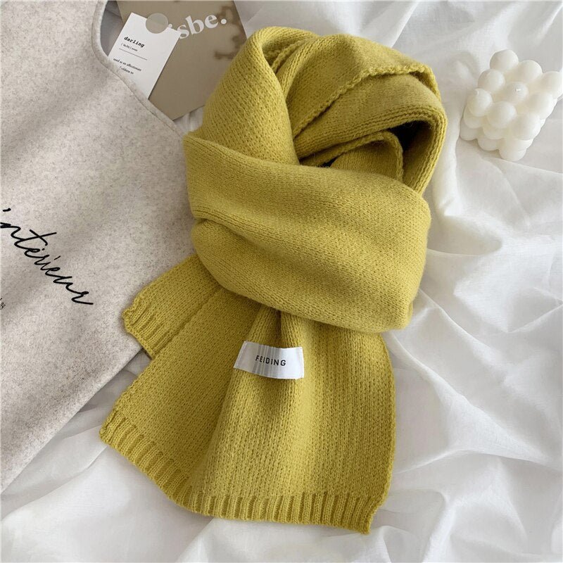 Women Autumn Winter Solid Color Scarves Slim Neckerchief Soft Brown White Warm Knitted Woolen Ins Neck Pashmina Shawl